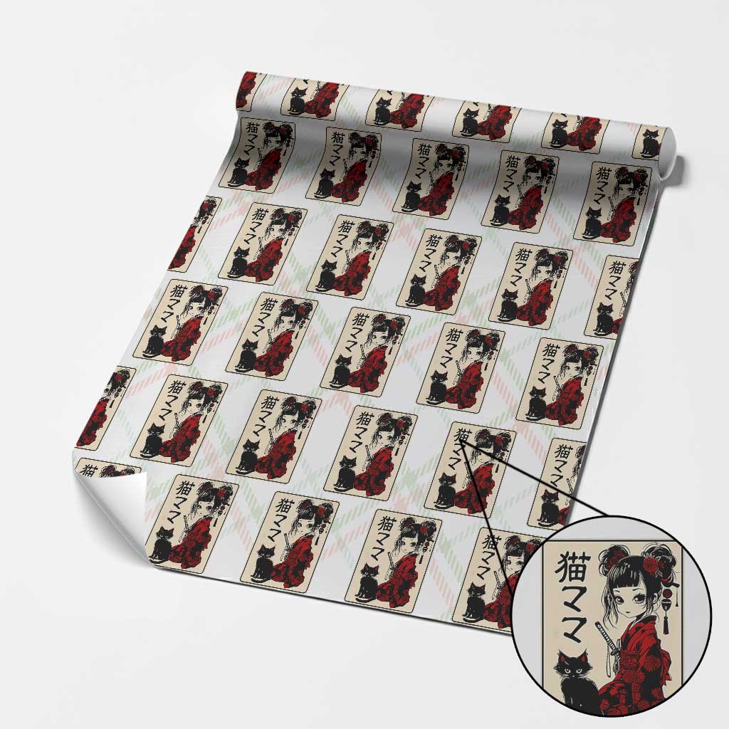Japanese Gothic Kawaii Anime Samurai Cat Wrapping Paper Roll Japan Female Bushido Graphic With Kanji Retro Vintage