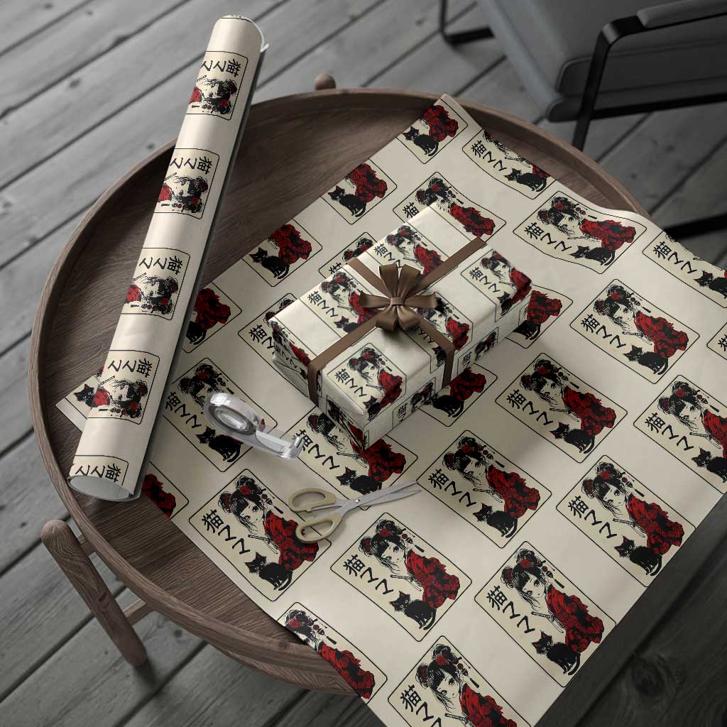 Japanese Gothic Kawaii Anime Samurai Cat Wrapping Paper Roll Japan Female Bushido Graphic With Kanji Retro Vintage