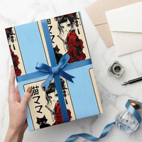 Japanese Gothic Kawaii Anime Samurai Cat Wrapping Paper Roll Japan Female Bushido Graphic With Kanji Retro Vintage