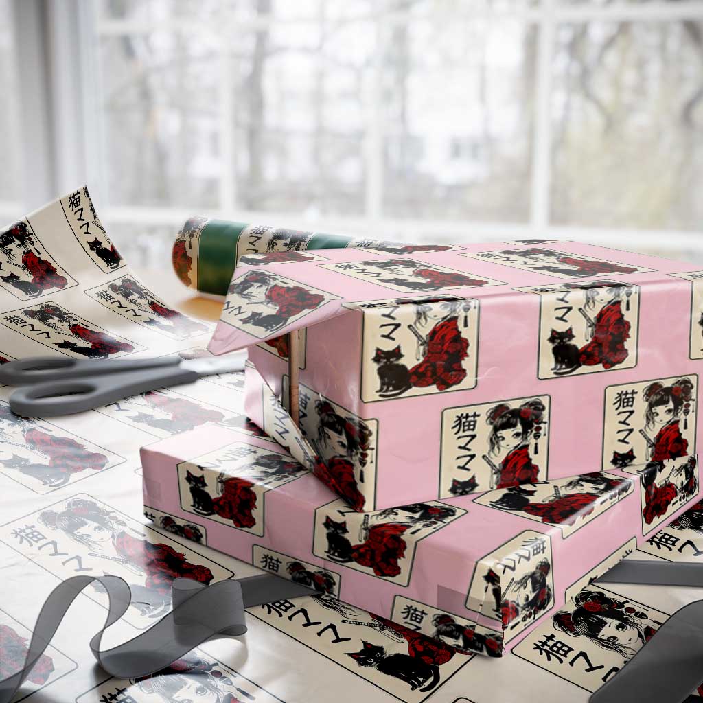 Japanese Gothic Kawaii Anime Samurai Cat Wrapping Paper Roll Japan Female Bushido Graphic With Kanji Retro Vintage
