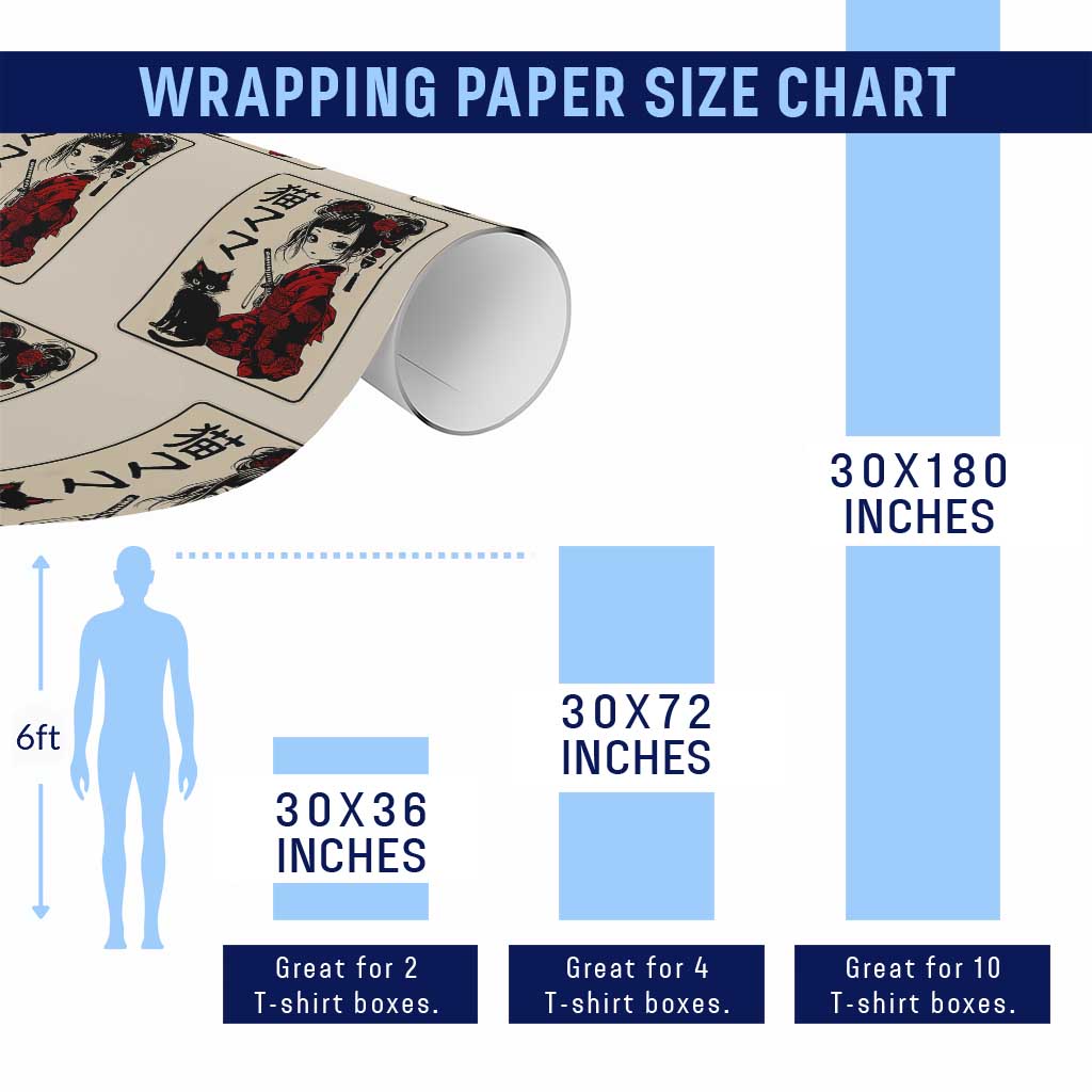 Japanese Gothic Kawaii Anime Samurai Cat Wrapping Paper Roll Japan Female Bushido Graphic With Kanji Retro Vintage