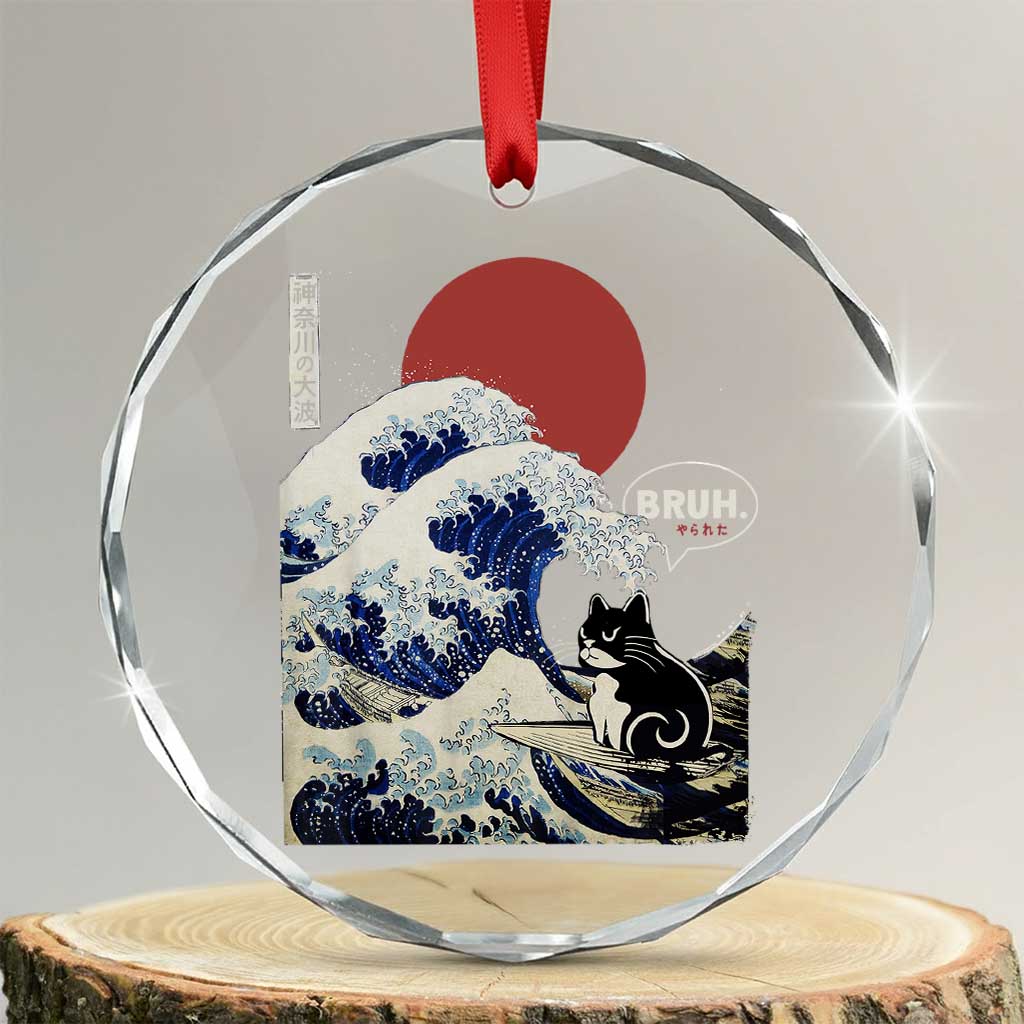Japanese Kawaii Anime Cat Crystal Glass Ornament Funny Surfing Cat Bruh Retro The Great Wave Kanagawa TS10