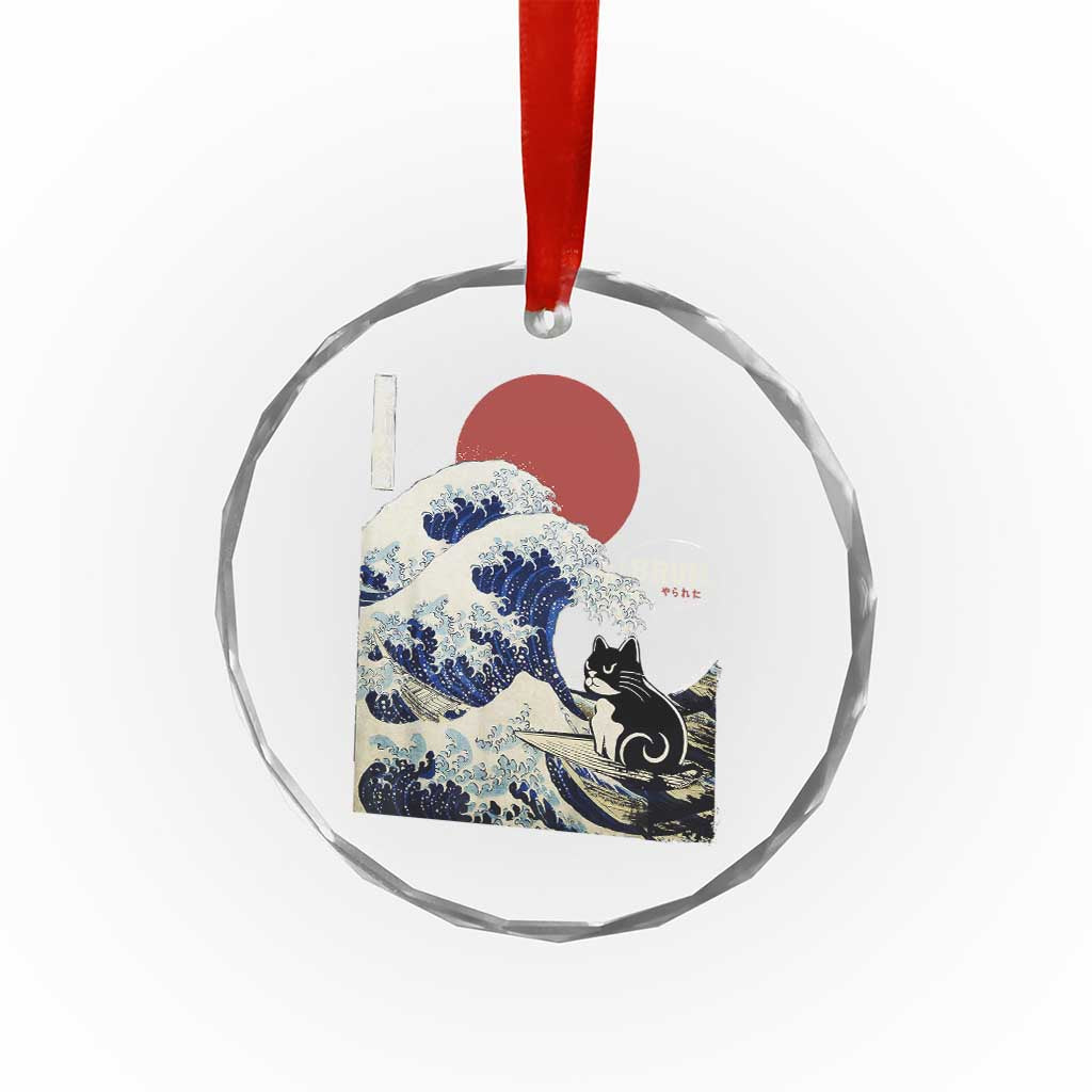 Japanese Kawaii Anime Cat Crystal Glass Ornament Funny Surfing Cat Bruh Retro The Great Wave Kanagawa TS10
