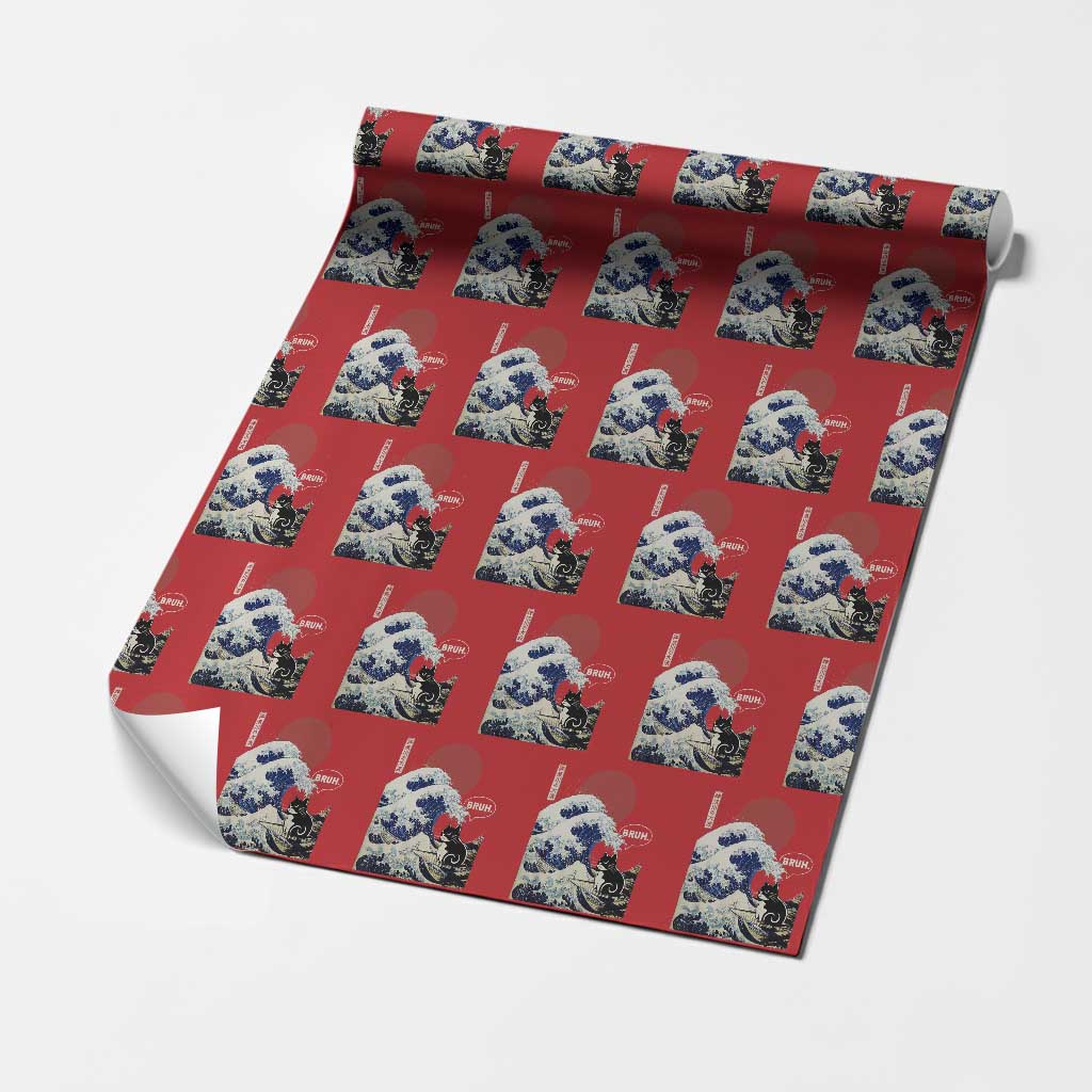 Japanese Kawaii Anime Cat Wrapping Paper Roll Funny Surfing Cat Bruh Retro The Great Wave Kanagawa - Wonder Print Shop