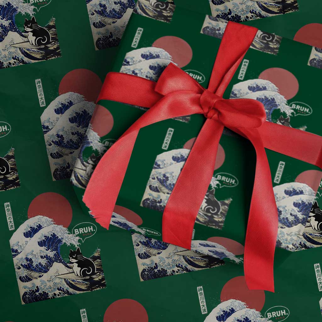 Japanese Kawaii Anime Cat Wrapping Paper Roll Funny Surfing Cat Bruh Retro The Great Wave Kanagawa - Wonder Print Shop