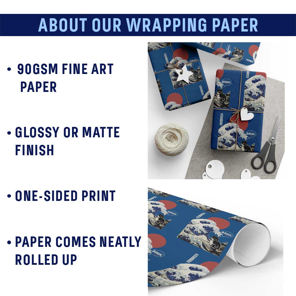 Japanese Kawaii Anime Cat Wrapping Paper Roll Funny Surfing Cat Bruh Retro The Great Wave Kanagawa - Wonder Print Shop