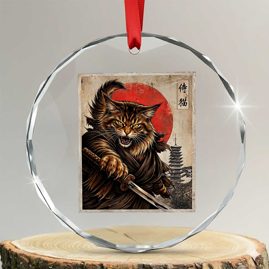 Japanese Maine Coon Samurai Warrior Crystal Glass Ornament Vintage Ukiyoe Cat