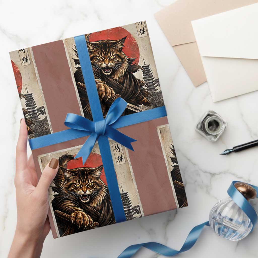Japanese Maine Coon Samurai Warrior Wrapping Paper Roll Vintage Ukiyoe Cat