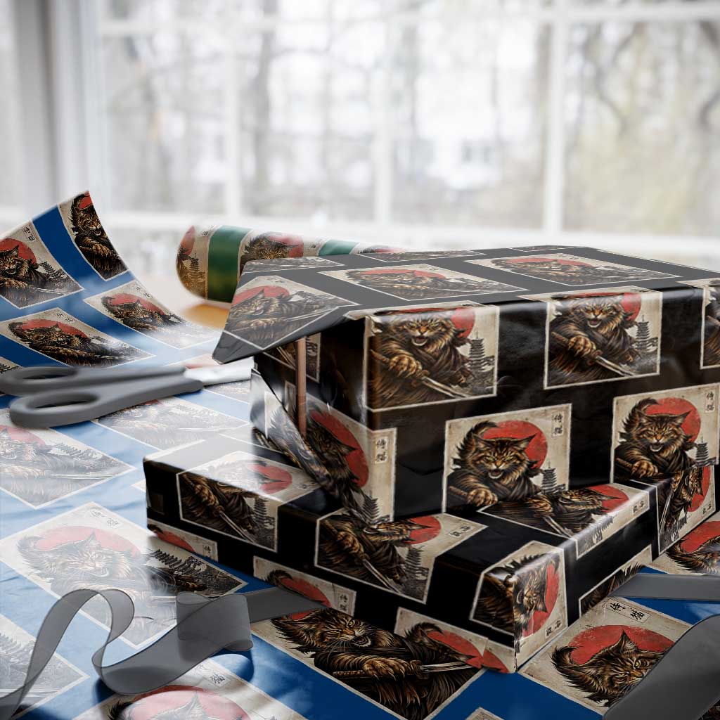 Japanese Maine Coon Samurai Warrior Wrapping Paper Roll Vintage Ukiyoe Cat