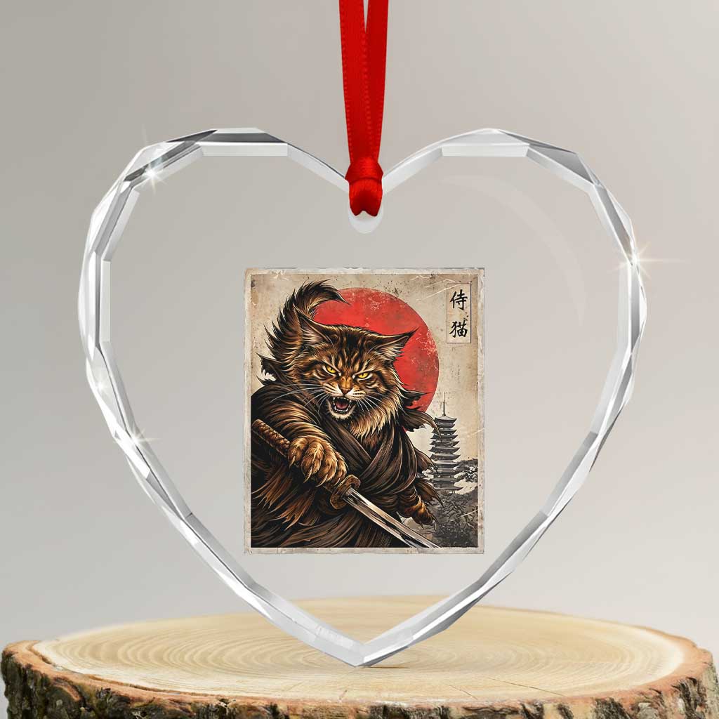 Japanese Maine Coon Samurai Warrior Heart Crystal Glass Ornament Vintage Ukiyoe Cat