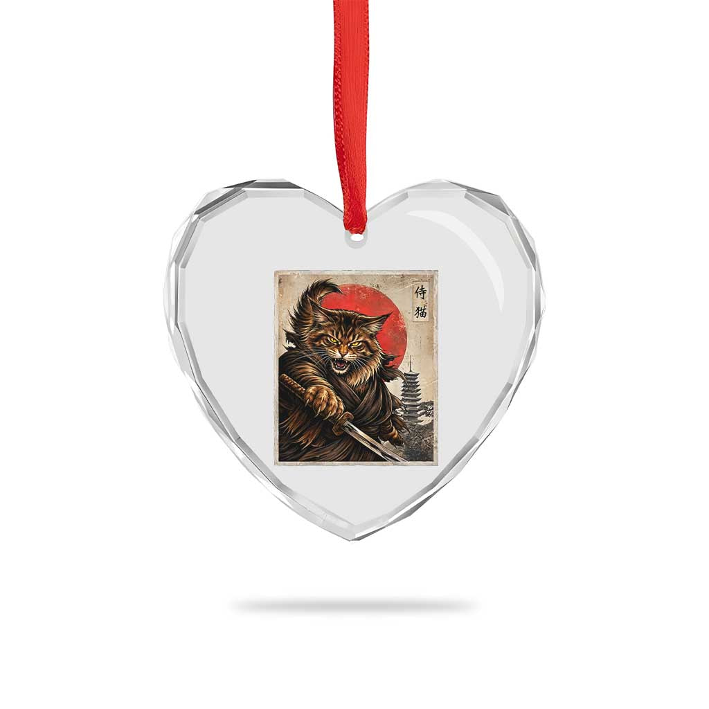 Japanese Maine Coon Samurai Warrior Heart Crystal Glass Ornament Vintage Ukiyoe Cat