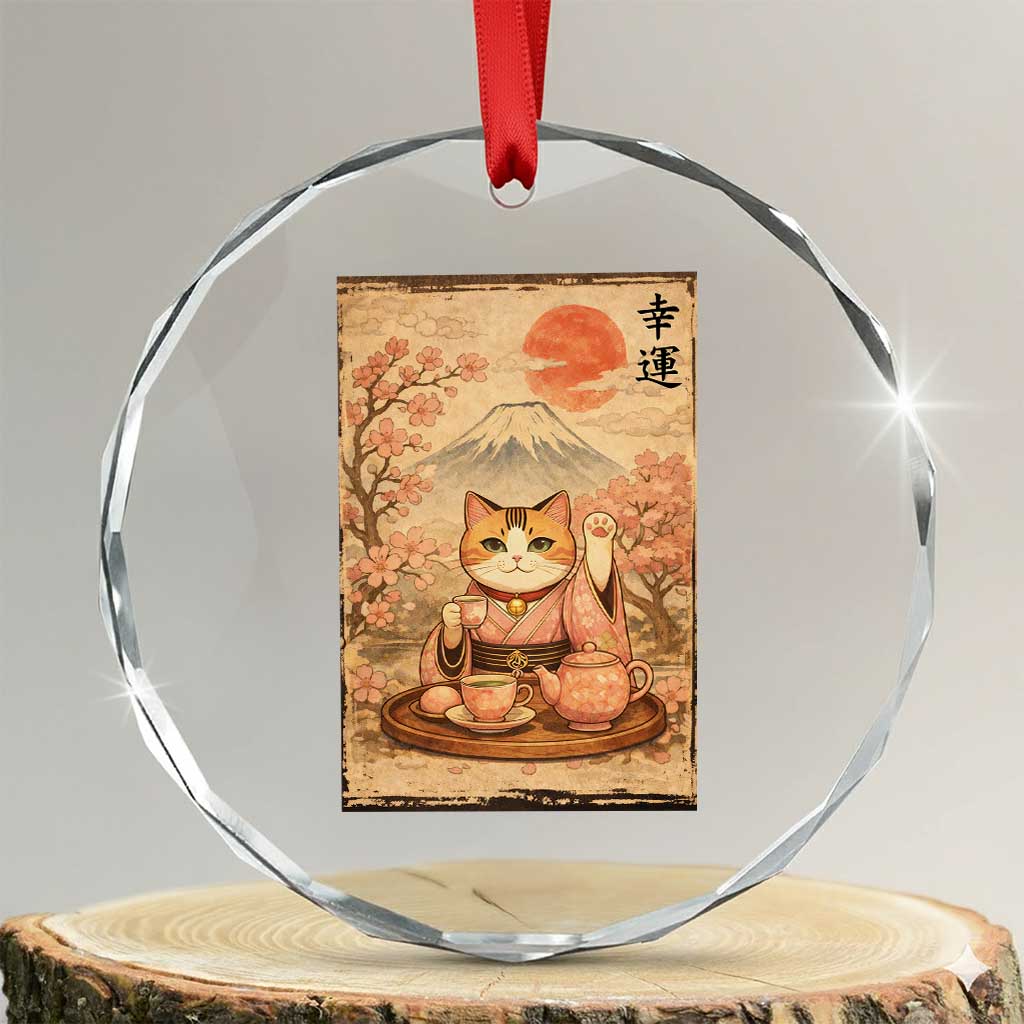 Japanese Maneki Neko Drinking Tea Kawaii Lucky Cat Crystal Glass Ornament - Wonder Print Shop