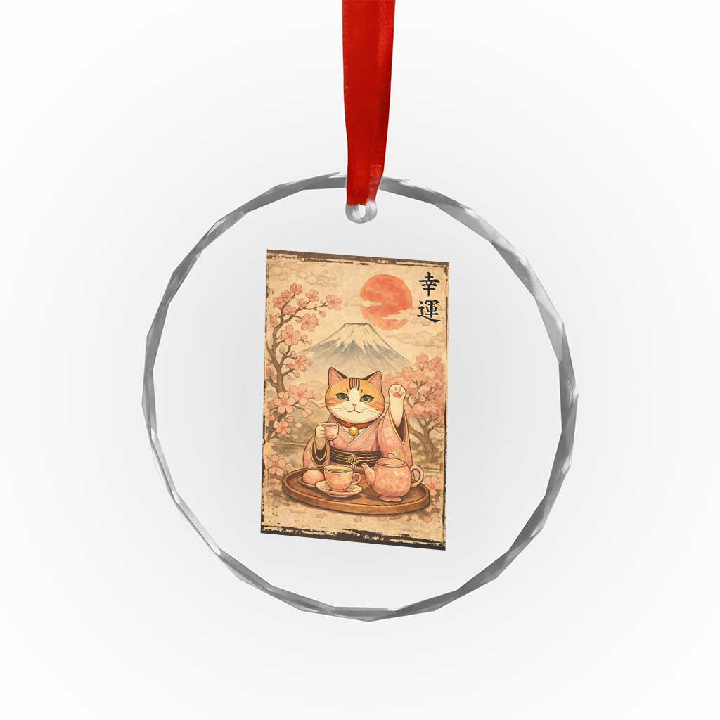 Japanese Maneki Neko Drinking Tea Kawaii Lucky Cat Crystal Glass Ornament - Wonder Print Shop
