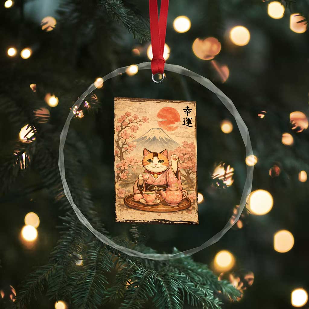 Japanese Maneki Neko Drinking Tea Kawaii Lucky Cat Crystal Glass Ornament - Wonder Print Shop