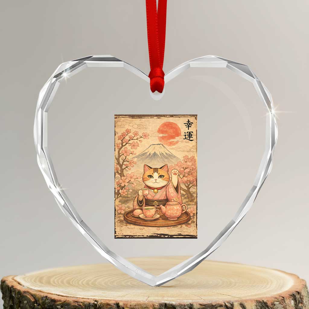 Japanese Maneki Neko Drinking Tea Kawaii Lucky Cat Heart Crystal Glass Ornament - Wonder Print Shop