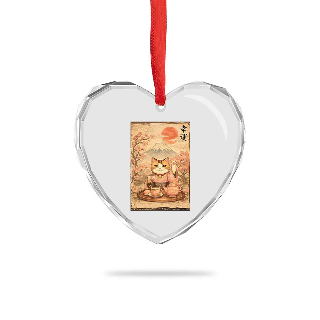 Japanese Maneki Neko Drinking Tea Kawaii Lucky Cat Heart Crystal Glass Ornament - Wonder Print Shop