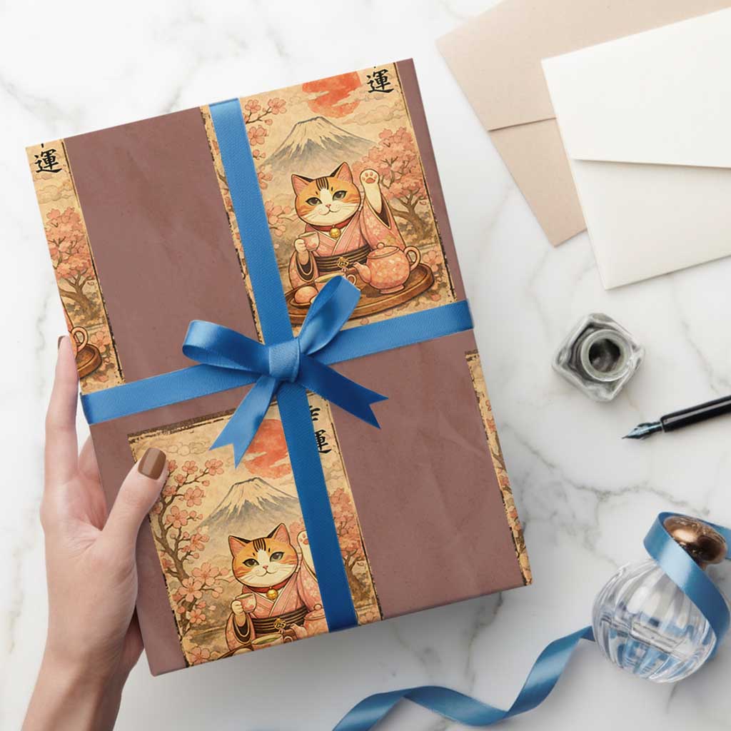 Japanese Maneki Neko Drinking Tea Kawaii Lucky Cat Wrapping Paper Roll - Wonder Print Shop