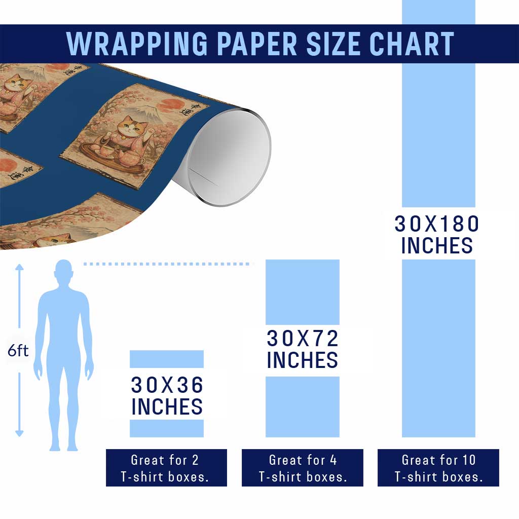Japanese Maneki Neko Drinking Tea Kawaii Lucky Cat Wrapping Paper Roll - Wonder Print Shop