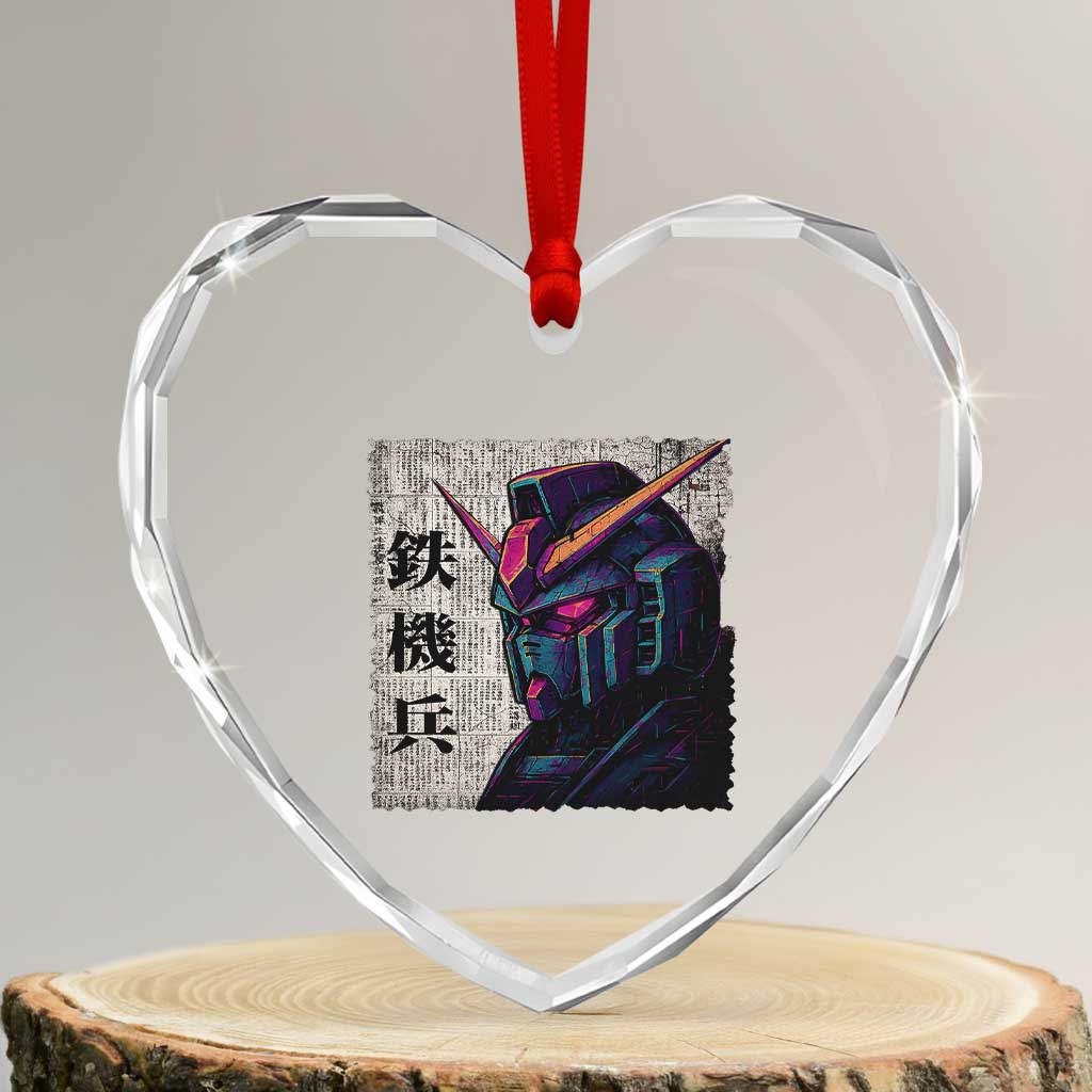 Japanese Mecha Robot Heart Crystal Glass Ornament Samurai Inspired Futuristic Kanji Design