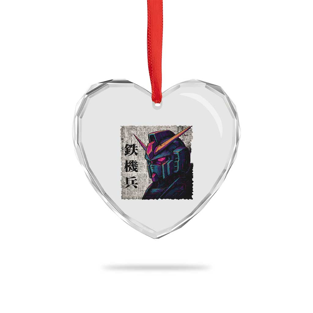 Japanese Mecha Robot Heart Crystal Glass Ornament Samurai Inspired Futuristic Kanji Design