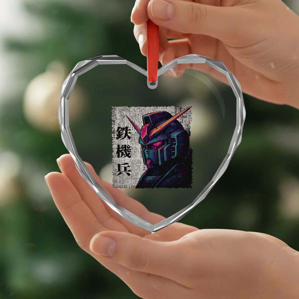 Japanese Mecha Robot Heart Crystal Glass Ornament Samurai Inspired Futuristic Kanji Design
