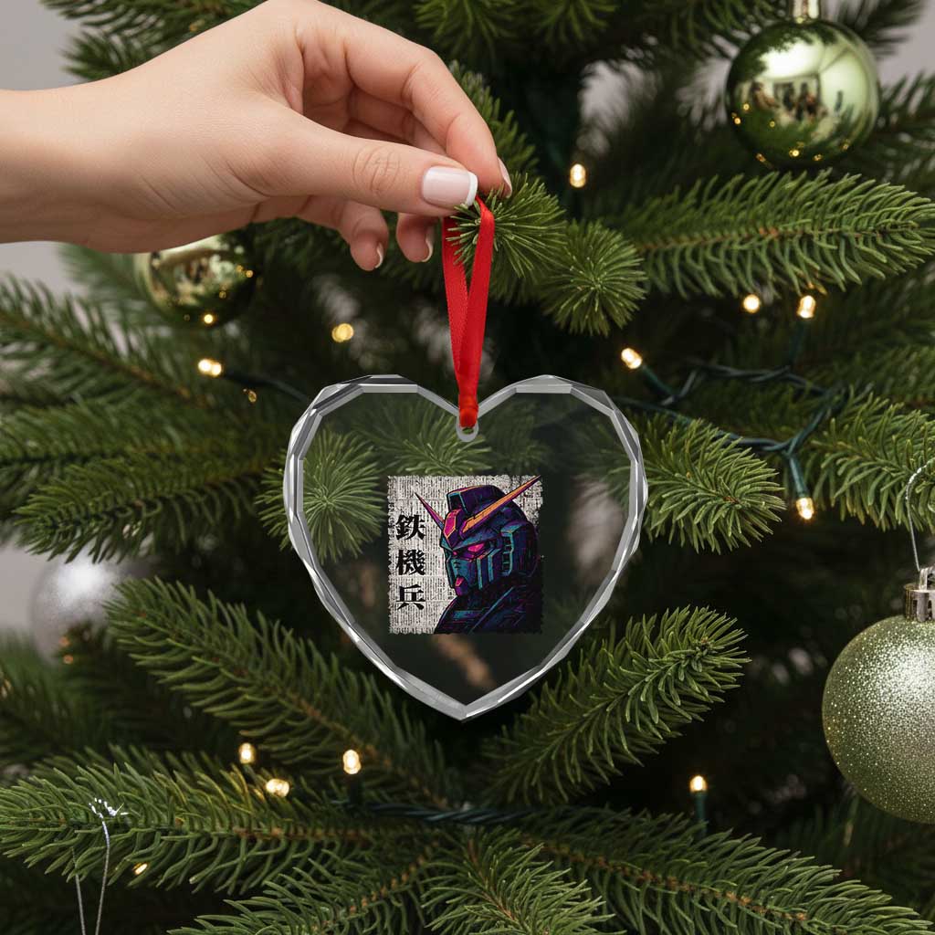 Japanese Mecha Robot Heart Crystal Glass Ornament Samurai Inspired Futuristic Kanji Design