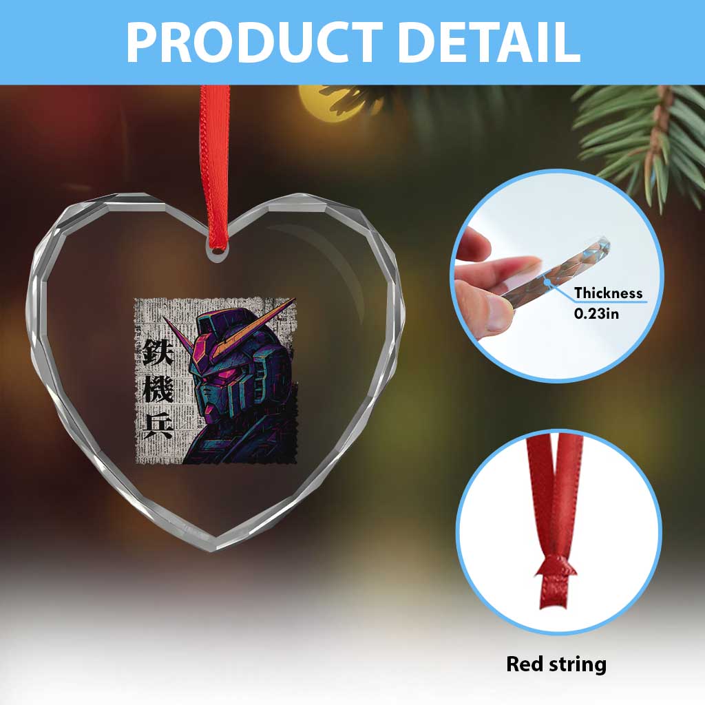 Japanese Mecha Robot Heart Crystal Glass Ornament Samurai Inspired Futuristic Kanji Design