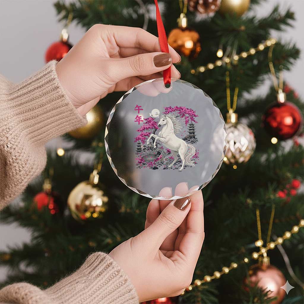 Japanese New Year 2026 Crystal Glass Ornament Year Of The Horse Sakura Cherry Blossom Shrine - Wonder Print Shop