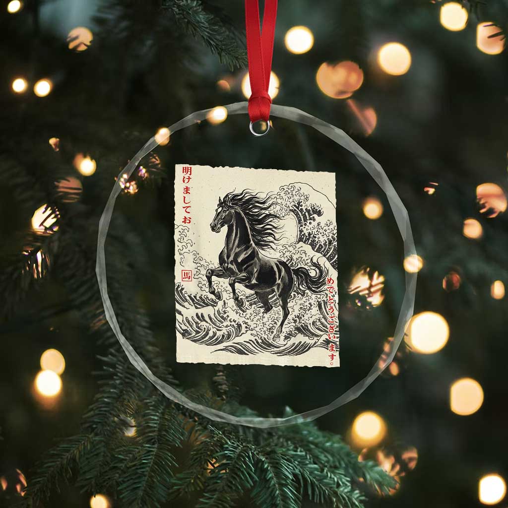 Japanese New Year 2026 Crystal Glass Ornament Year Of The Horse Tsunami Ukiyo e Art - Wonder Print Shop
