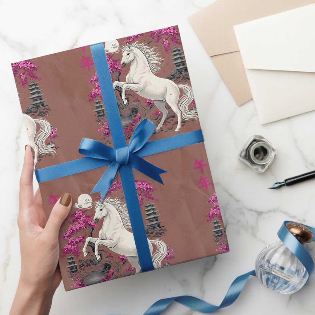 Japanese New Year 2026 Wrapping Paper Roll Year Of The Horse Sakura Cherry Blossom Shrine - Wonder Print Shop