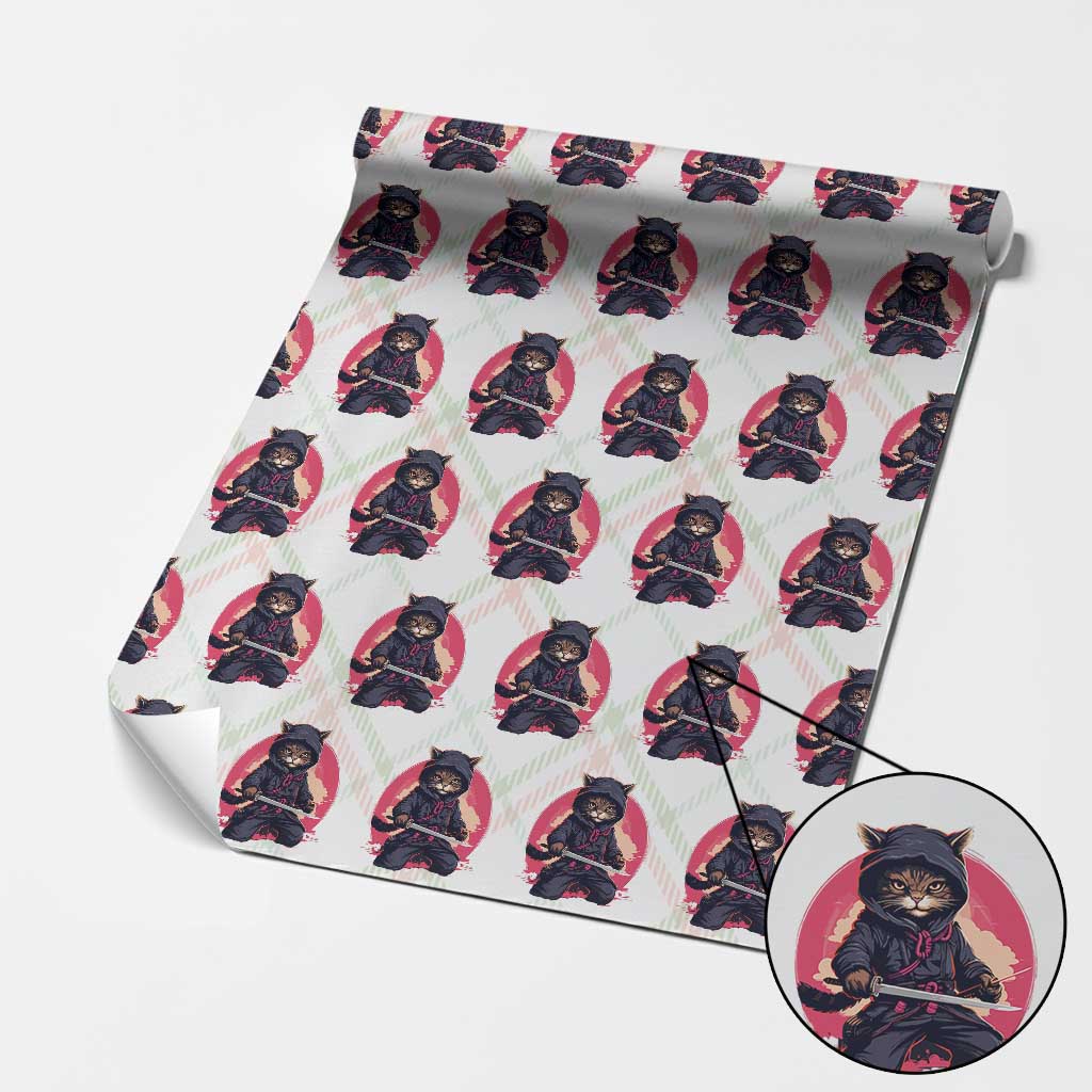 Japanese Ninja Cat Wrapping Paper Roll Ancient Japan Warrior Samurai Tattoo Kawaii Vintage