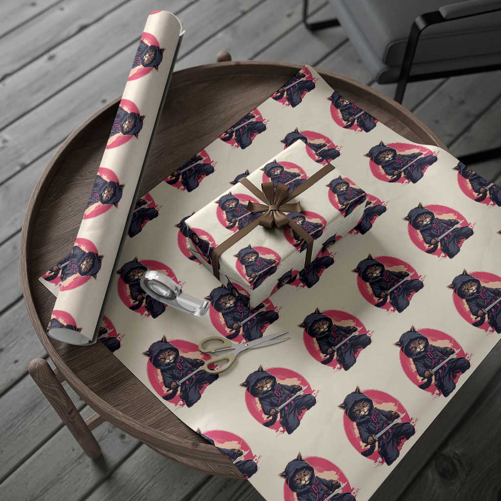 Japanese Ninja Cat Wrapping Paper Roll Ancient Japan Warrior Samurai Tattoo Kawaii Vintage