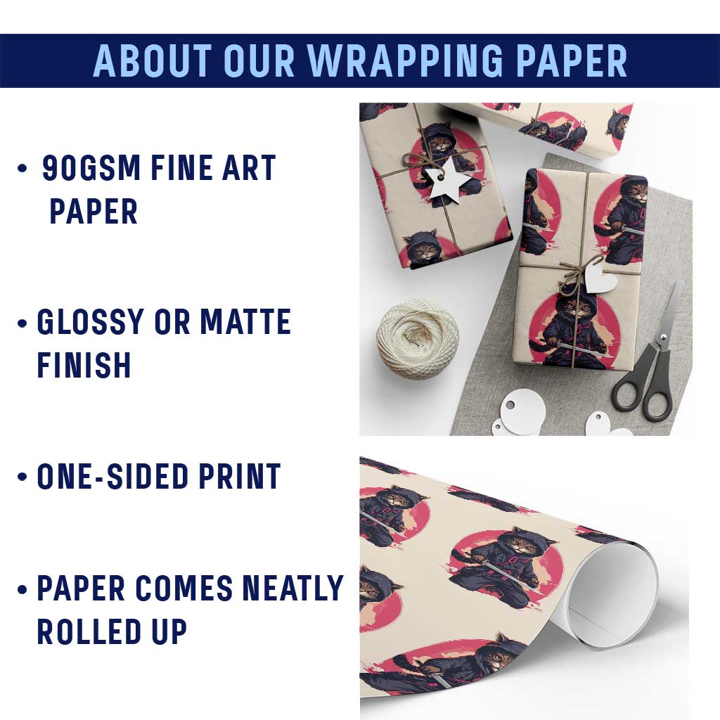 Japanese Ninja Cat Wrapping Paper Roll Ancient Japan Warrior Samurai Tattoo Kawaii Vintage