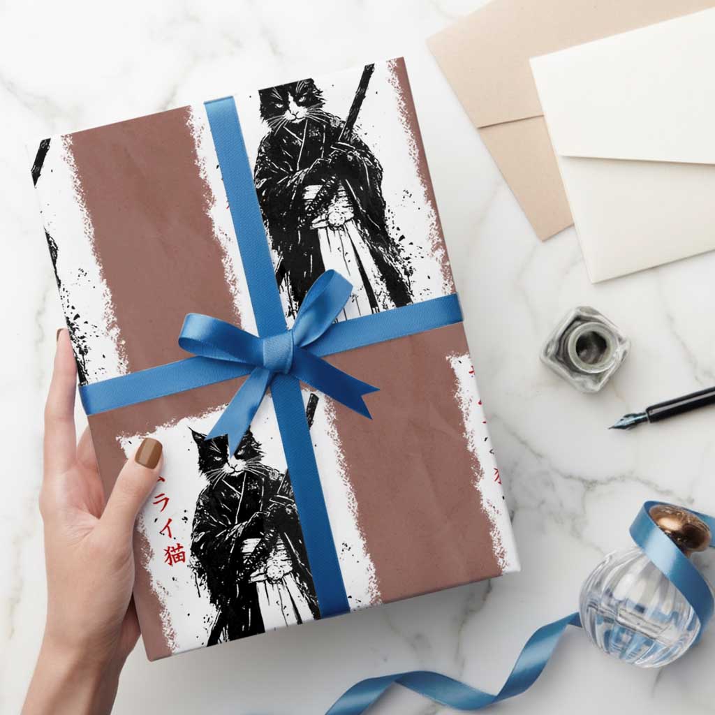 Japanese Samurai Cat Wrapping Paper Roll Retro Vintage Ukiyo-e Warrior Art Graphic