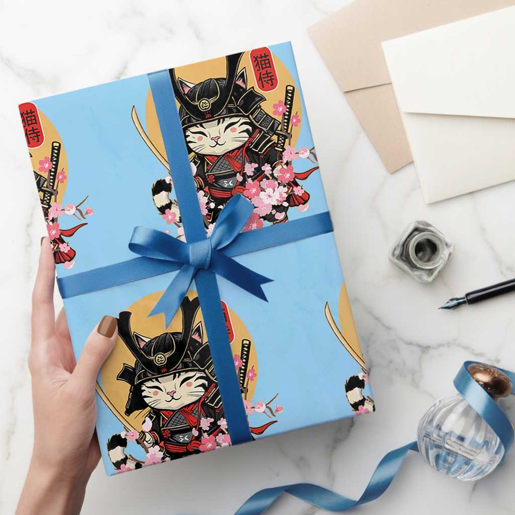 Japanese Samurai Cat Wrapping Paper Roll Ancient Ninja Kitten Warrior Tattoo Kawaii Otaku Retro