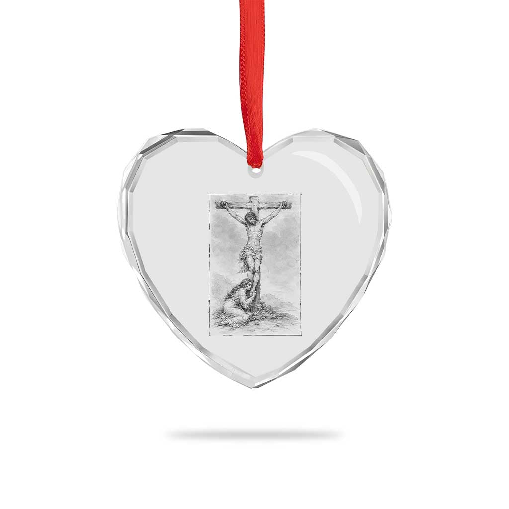 Jesus and St Mary Magdalene At The Cross Heart Crystal Glass Ornament Vintage Catholic Lent