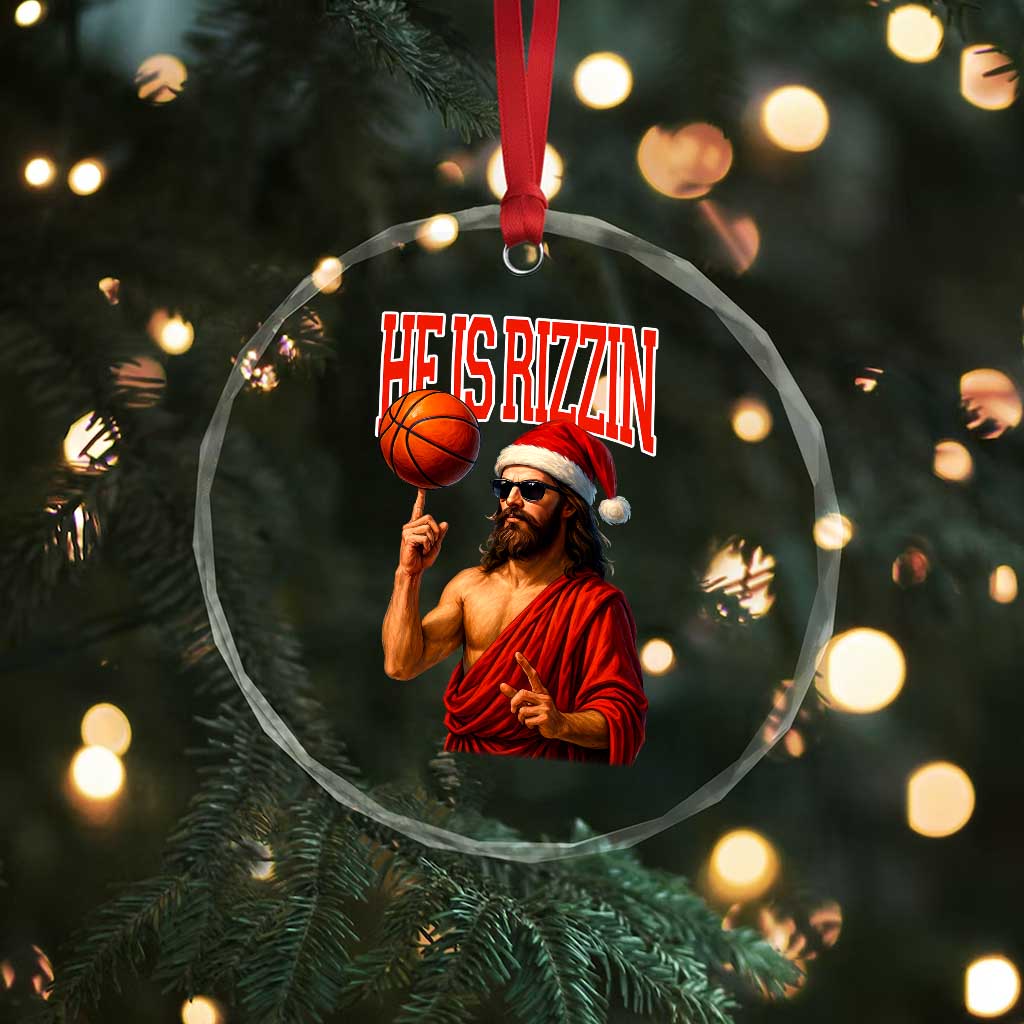 Jesus Basketball Christmas Crystal Glass Ornament He Is Rizzin - Wonder Print Shop