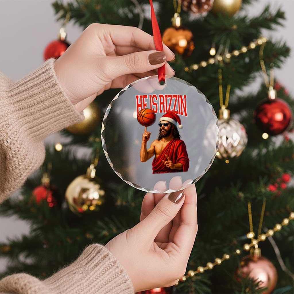 Jesus Basketball Christmas Crystal Glass Ornament He Is Rizzin - Wonder Print Shop
