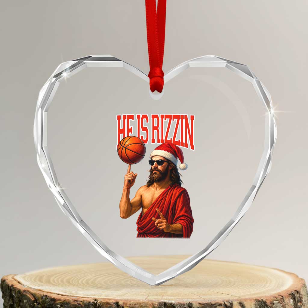 Jesus Basketball Christmas Heart Crystal Glass Ornament He Is Rizzin - Wonder Print Shop