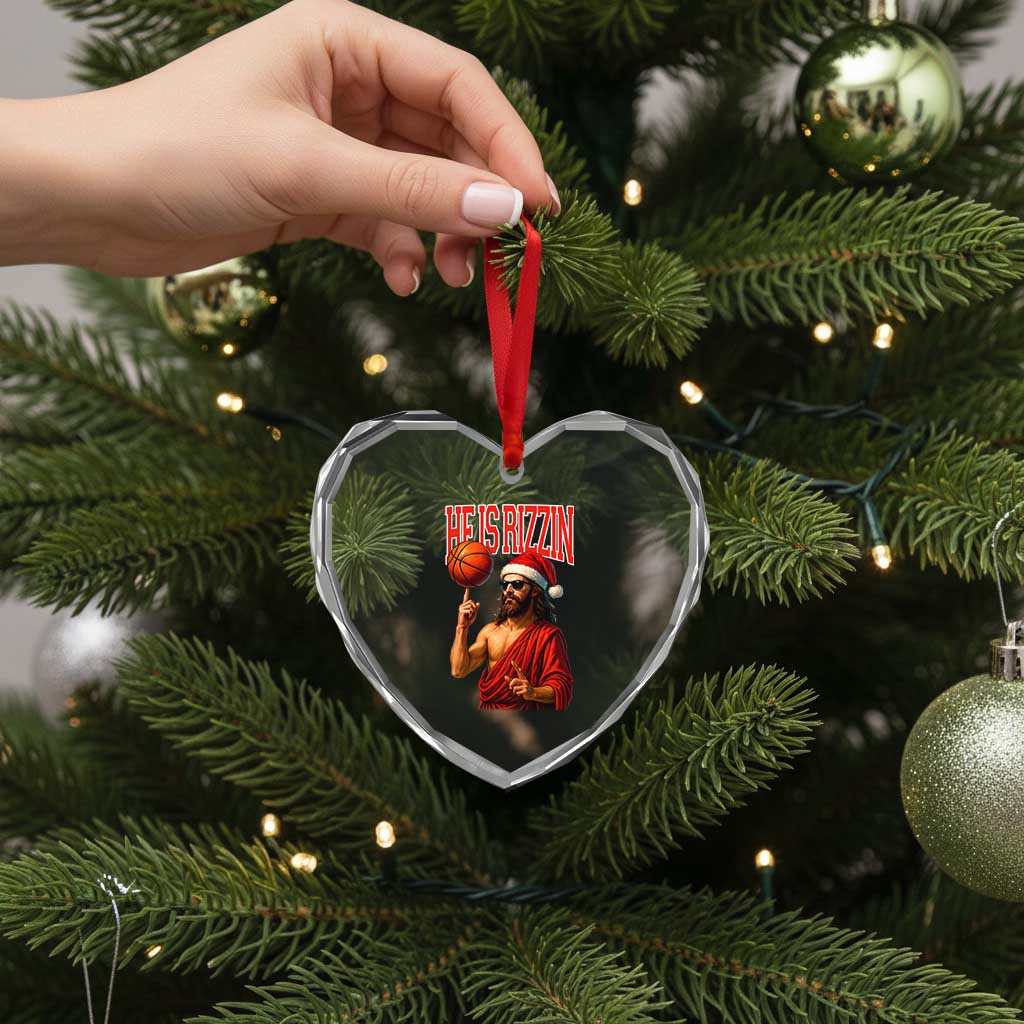 Jesus Basketball Christmas Heart Crystal Glass Ornament He Is Rizzin - Wonder Print Shop