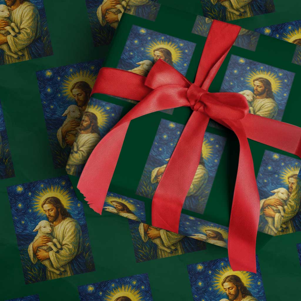 Jesus Christian Wrapping Paper Roll Hug Lamb Starry Night Van Gogh - Wonder Print Shop