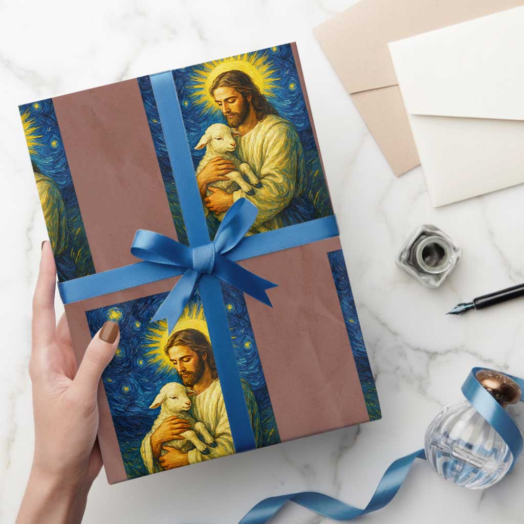 Jesus Christian Wrapping Paper Roll Hug Lamb Starry Night Van Gogh - Wonder Print Shop
