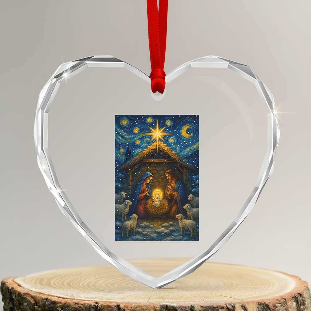 Jesus Christmas Heart Crystal Glass Ornament Starry Night Nativity Scene Xmas - Wonder Print Shop
