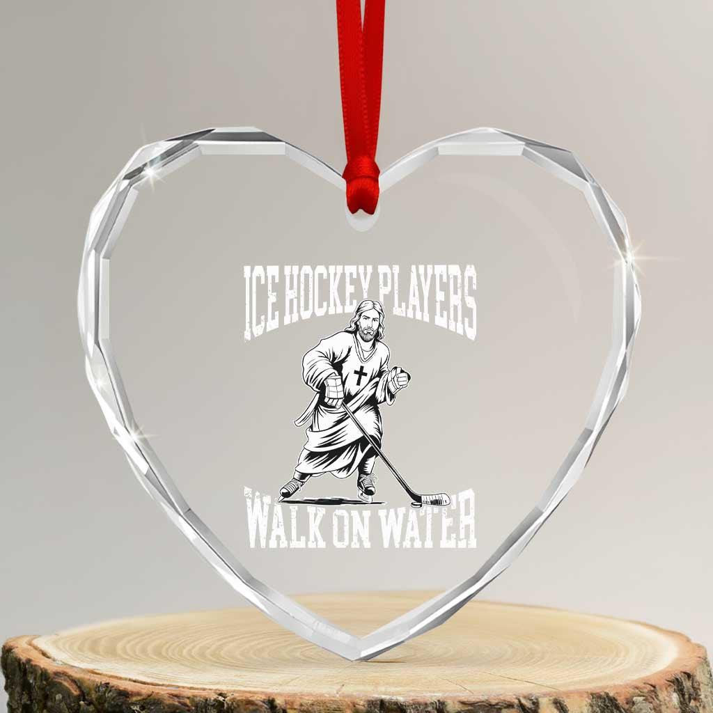 Jesus Ice Hockey Players Walk On Water Heart Crystal Glass Ornament Funny Christian Gift - Wonder Print Shop