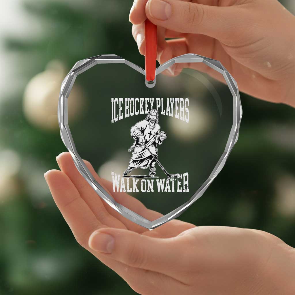 Jesus Ice Hockey Players Walk On Water Heart Crystal Glass Ornament Funny Christian Gift - Wonder Print Shop