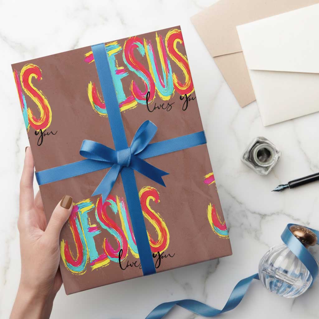Jesus Loves You Colorful Brush Stroke Christian Wrapping Paper Roll Faith Inspirational Religious Gift for Believers