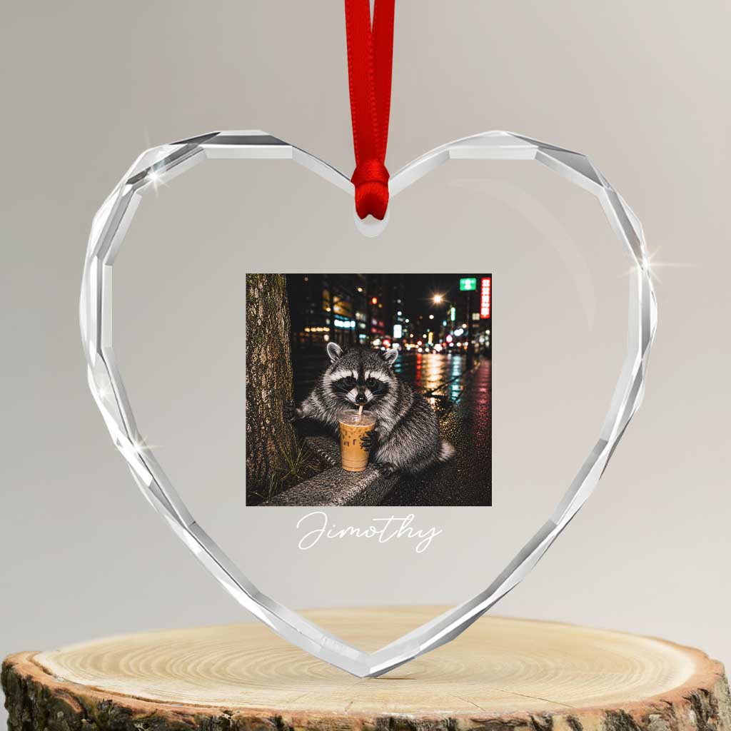 Jimothy Raccoon Drinking Iced Coffee Night City Aesthetic Heart Crystal Glass Ornament
