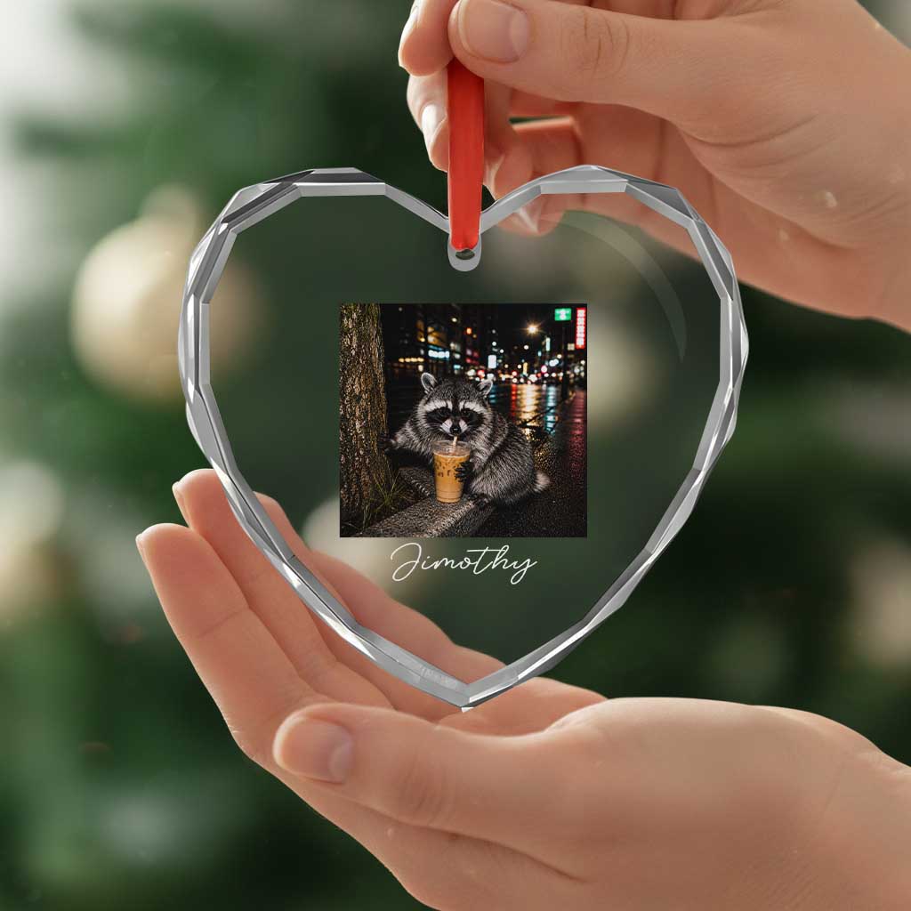Jimothy Raccoon Drinking Iced Coffee Night City Aesthetic Heart Crystal Glass Ornament