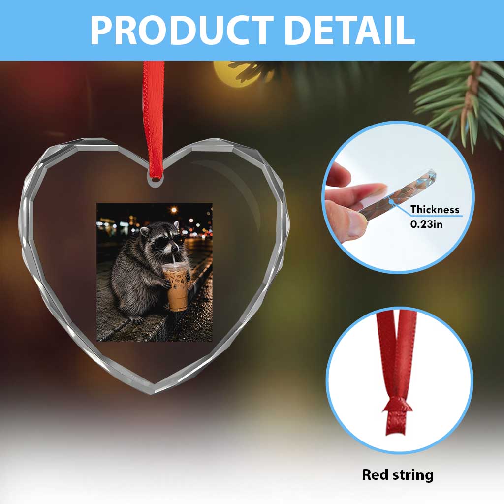 Jimothy Raccoon Seattle Drinking Iced Coffee Meme Heart Crystal Glass Ornament Viral Trash Panda Seattle Animal Meme