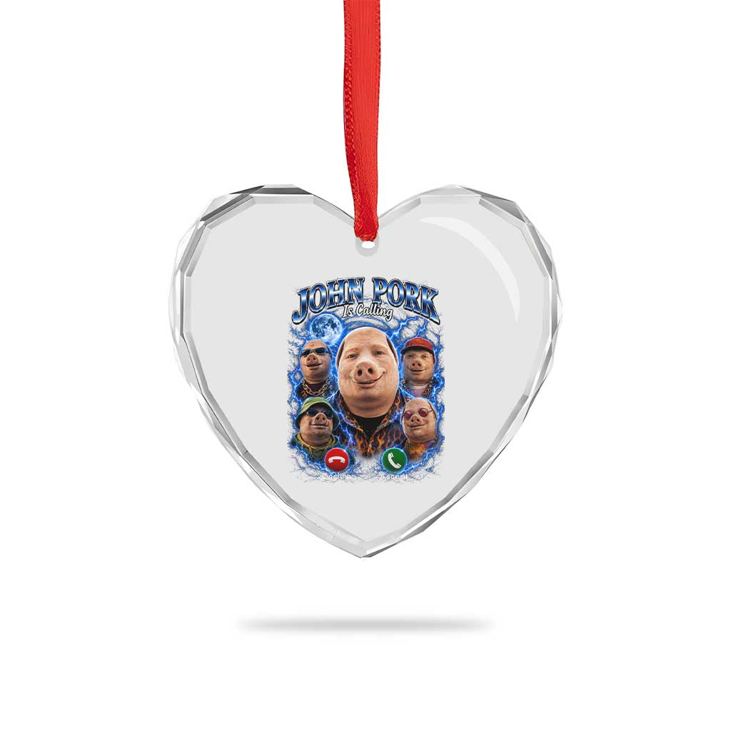 John Pork Calling Heart Crystal Glass Ornament Funny Answer Call Phone Brainrot Meme Vintage Bootleg Graphic